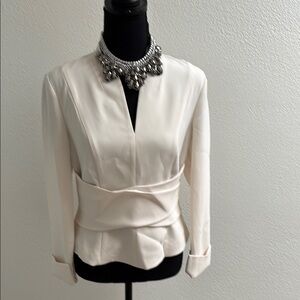 Cream Peplum Blouse with 3/4 Sleeves and Mandarin Collar